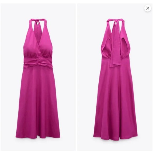 ZARA WOMEN HALTER LINEN BLEND MIDI DRESS MAGENTA FUCHSIA SIZE XS S M 3602/368 - Picture 3 of 4